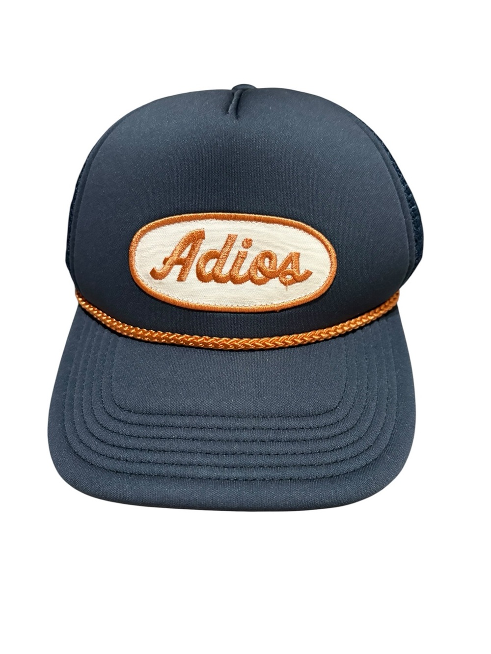 Mighty Fine Adios Trucker Rope Hat EUC Navy Blue Snapback Cap